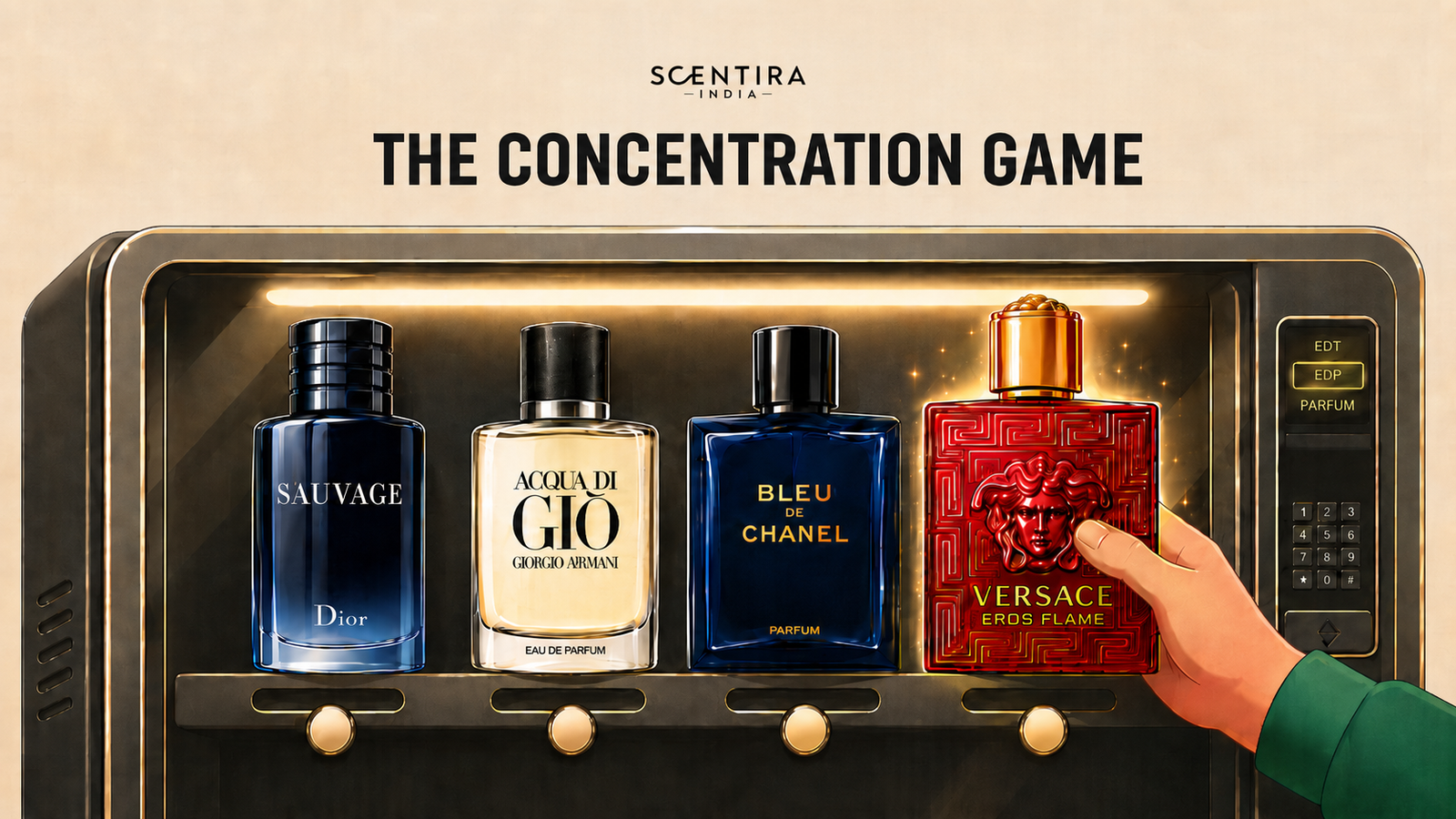 EDP, EDT and Parfum perfume bottles side by side for the concentration guide