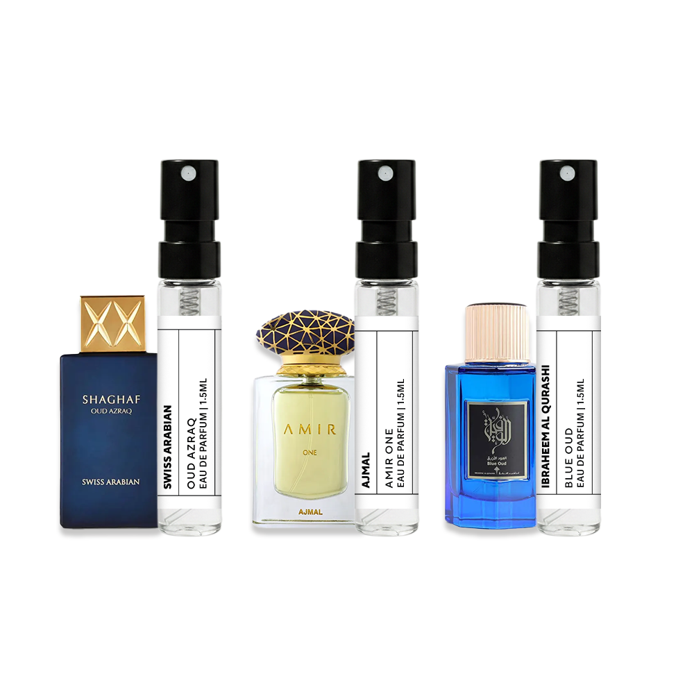 Buy Oud Sample Set (Oud Azraq, Amir One & Blue Oud) – 3 x 1.5mL Online In India at Scentira