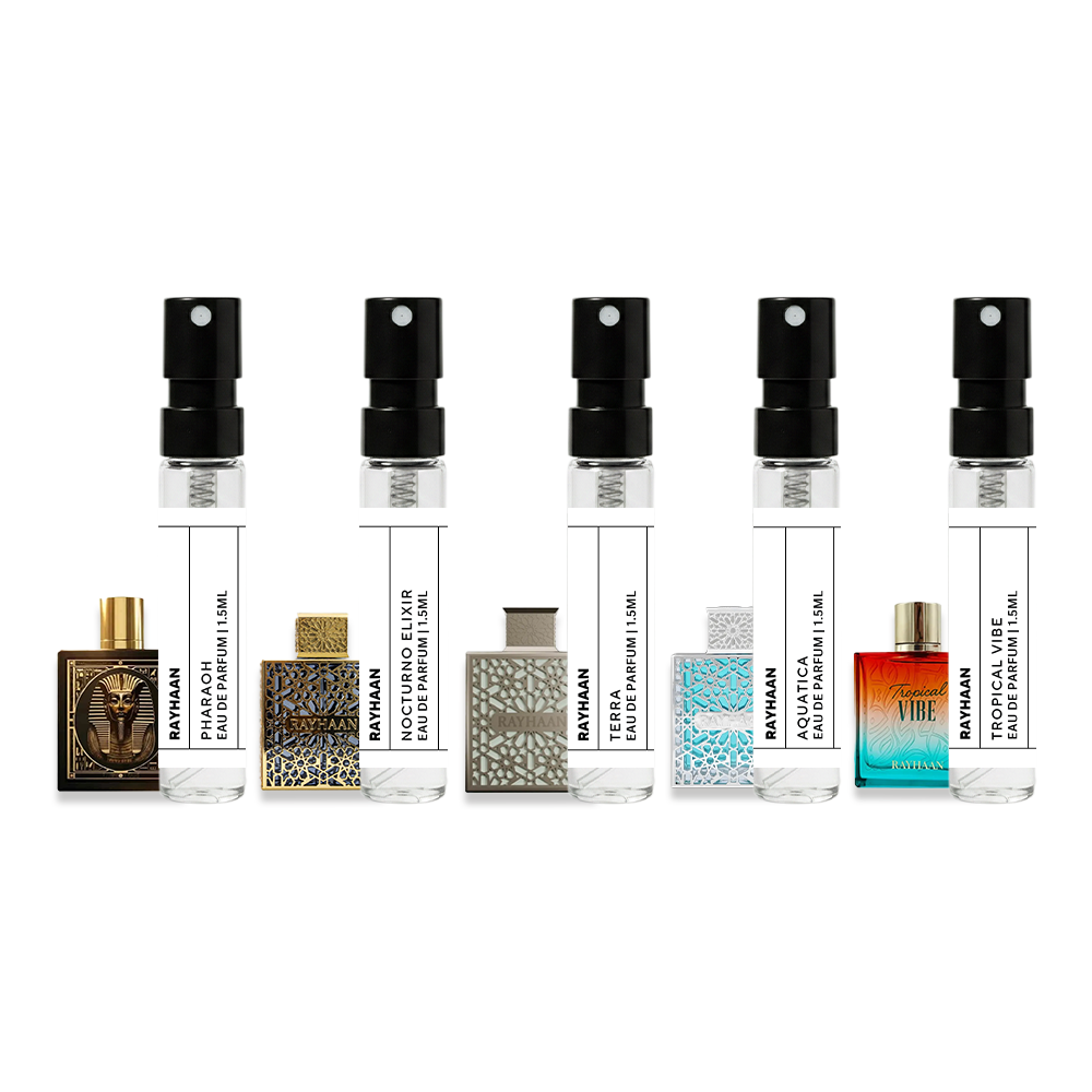 Buy Rayhaan New Release Sample Set (Pharaoh, Nocturno Elixir, Terra, Aquatica & Tropical Vibe) – 5 × 1.5mL Online In India at Scentira